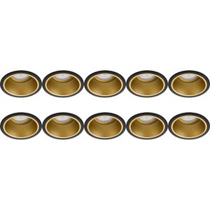 Spot Armatuur 10 Pack - Pragmi Minko Pro - GU10 Inbouwspot - Rond - Zwart/Goud - Aluminium - Verdiept - Ø90mm