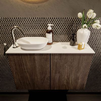 Mondiaz Fowy toiletmeubel 80cm dark brown met blad en waskom talc links 1 kraangat