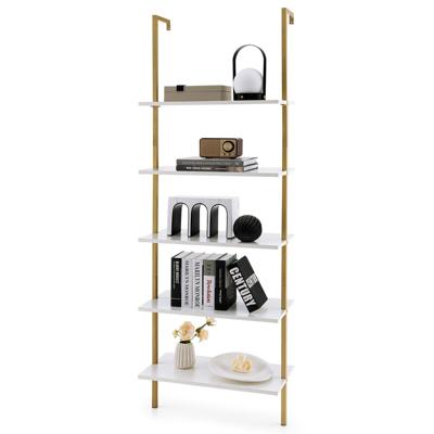 5 Niveaus Ladderrek Wandmontage 180 cm Boekenkast met Gouden Metalen Frame Wandplank Ideaal voor Woonkamer/Slaapkamer