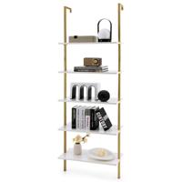 5 Niveaus Ladderrek Wandmontage 180 cm Boekenkast met Gouden Metalen Frame Wandplank Ideaal voor Woonkamer/Slaapkamer