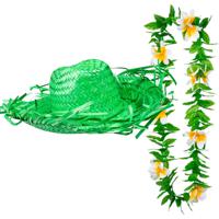 Carnaval verkleed set - Tropische Hawaii party - stro hoed met bloemenslinger - groen - thumbnail