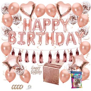 Fissaly® 45 Stuks Rose Goud Verjaardag Decoratie Versiering met Ballonnen – Feest - Papieren Confetti – Roze – Helium