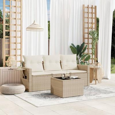 4-delige Loungeset met kussens poly rattan beige