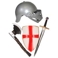 Carnaval Verkleed set - Ridder helm met wapens - voor kinderen - grijs/rood - thumbnail