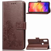 Lucky Clover ingedrukt bloemen patroon lederen draagtas voor Xiaomi Redmi opmerking 7 met houder & kaartsleuven & portemonnee & hand strap (bruin)