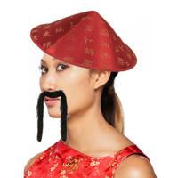 Chinees Aziatische verkleedset - hoed en lange plaksnor - Carnaval verkleed accessoires