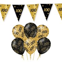 Leeftijd verjaardag feestartikelen pakket vlaggetjes/ballonnen 100 jaar zwart/goud - thumbnail