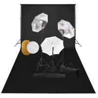 Fotostudioset met lampen, paraplu's, achtergrond en reflector