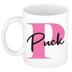 Naam mok Puck - roze - wit - keramiek - 300 ml - verjaardag/cadeau beker