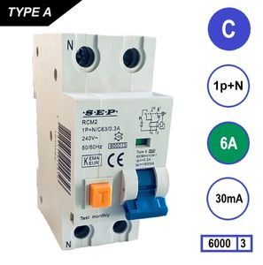SEP Aardlekautomaat 6A C Kar 30mA 2 polig 36mm RCM2 Kema Keur 230V automaat en aardlek in een
