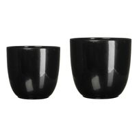 Plantenpot/Bloempot zwart glans keramiek - set 2x - D19 en D14 cm