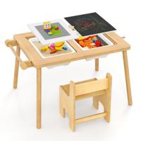 Kindertafel met Omkeerbaar Tafelblad Speeltafel in Hoogte Verstelbaar van Grenenhout met 2 Opvouwbare Bakken Papierrol Haken