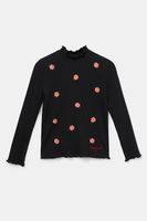 Geribbeld T-shirt met bloemen - BLACK - 7/8 - thumbnail