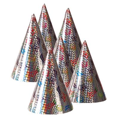 Feesthoedjes/punthoedjes van karton - set 6x stuks - met elastiekje - holografisch
