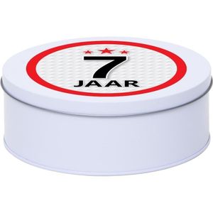 Cadeau/kado wit rond blik 7 jaar 18 cm