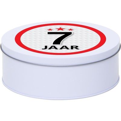 Cadeau/kado wit rond blik 7 jaar 18 cm