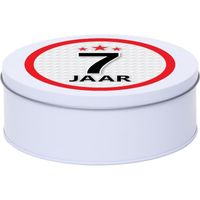 Cadeau/kado wit rond blik 7 jaar 18 cm