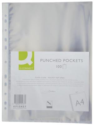 Q-CONNECT geperforeerde showtas 11-gaatsperforatie, glashelder, 60 micron, pak van 100 stuks