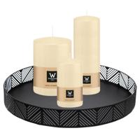 Cilinderkaarsen stompkaarsen - set van 3x - op dienblad - creme wit - 6 x 12 - 10x15 - 7x20 cm