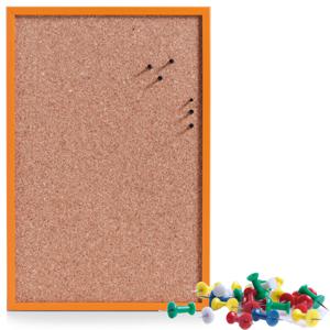 Prikbord incl. 25x punaises gekleurd - 40 x 60 cm - oranje - kurk