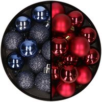 36x stuks kunststof kerstballen donkerblauw en donkerrood 3 en 4 cm - thumbnail