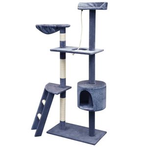 The Living Store Kattenboom - donkerblauw - 97 x 40 x 150 cm - houten frame met sisal touw en zachte pluche