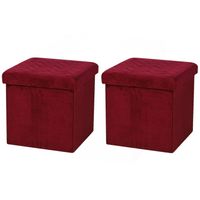 Urban Living Poef/hocker - 2x - opbergbox zit krukje - velvet rood - polyester/mdf - 38 x 38 cm - opvouwbaar - Poefs
