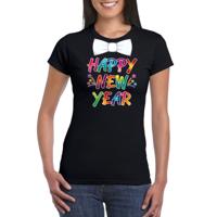 Happy new year t-shirt - met vlinderstrikje - oud en nieuw - dames - zwart - Nieuwjaarsborrel