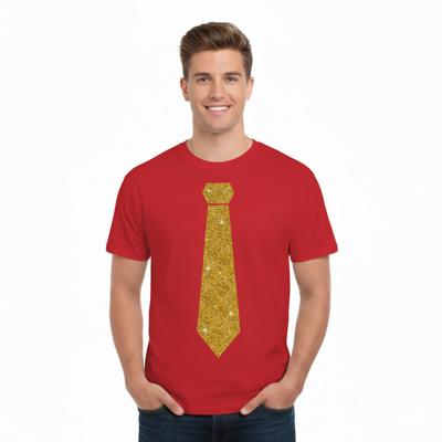T-shirt met stropdas print goud - heren - rood - feestelijke shirts - glitter - glamour