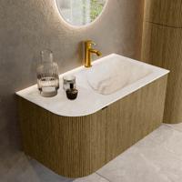 Badmeubel Mondiaz Kurve-Dlux | 85 cm cm | Meubelkleur Dusk | Wastafelkleur Frappe | Solid surface | Wasbak rechter zijde spoelbak | 1 kraangat