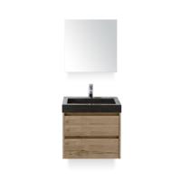 Dante Badmeubelset 60 cm - Natuur Eiken - Wastafel Hardsteen Wit Lucca - met Spiegelkast