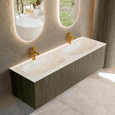 Badmeubel Mondiaz Kurve-Dlux | 150 cm cm | Meubelkleur Shadow | Wastafelkleur Ostra | Solid surface | Wasbak beiden zijden spoelbak | 2 kraangaten