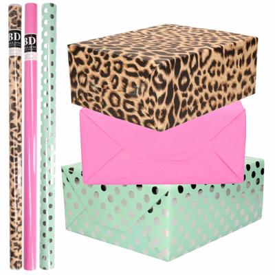 9x Rollen kraft inpakpapier pakket - panterprint / roze / mintgroen - 200 x 70 cm - dierenprint