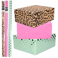 9x Rollen kraft inpakpapier pakket - panterprint / roze / mintgroen - 200 x 70 cm - dierenprint