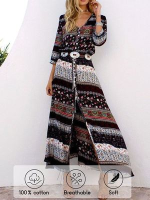 V Neck Boho Ethnic Buckle Dress With No V Neck Boho Ethnic Buckle Dress With No