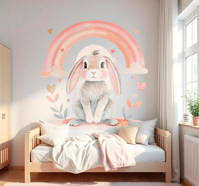 Muursticker kinderkamer dieren pastel lief regenboog konijntje