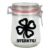 Cadeau voorraadpot/snoeppot - glas - klavertje vier - sterkte - 720 ml Cadeau voorraadpot/snoeppot - glas - klavertje vier - sterkte - 720 ml