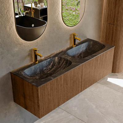 Mondiaz KURVE-DLUX 140 cm Onderkast Greeploos 2 Lades Zonder Deuren Walnut, Wastafel Solid Surface Dubbel Lava 2 Kraangaten Zonder Spiegel (KRVSTS1402L0D2KD-Wal/Lav)