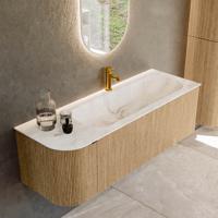 Badmeubel Mondiaz Kurve-Dlux | 135 cm | Meubelkleur Oak | Wastafelkleur Frappe | Solid surface | Rechts spoelbak | 1 kraangat