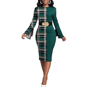 dames werkjurk groen kerstjurk schede jurk formeel kantoor dagelijks midi-jurk split asymmetrisch ronde hals lange mouw print regular fit groen lente herfst Lightinthebox