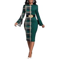 dames werkjurk groen kerstjurk schede jurk formeel kantoor dagelijks midi-jurk split asymmetrisch ronde hals lange mouw print regular fit groen lente herfst Lightinthebox