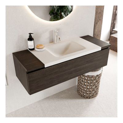 Mondiaz Bukla 120cm badmeubel onderkast dark brown 1 lade met wastafel midden 1 kraangat kleur talc
