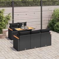 6-delige Loungeset met kussens poly rattan acacia zwart