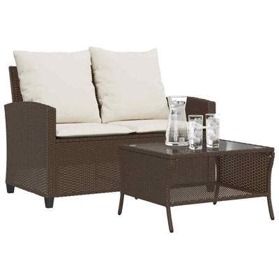 Tuinbank 2-zits met kussens & tafel poly rattan bruin