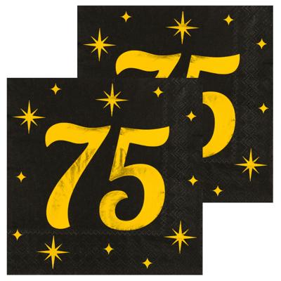 Verjaardag feest servetten - leeftijd 75 jaar - 32x stuks - zwart/goud - sterren - 33 x 33 cm