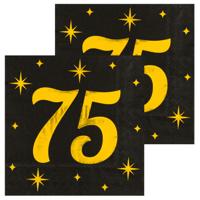 Verjaardag feest servetten - leeftijd 75 jaar - 32x stuks - zwart/goud - sterren - 33 x 33 cm