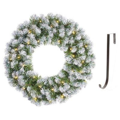Kerstkrans/deurkrans groen verlichting 30 lampjes en sneeuw 60 cm met ijzeren hanger