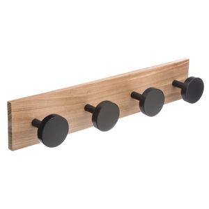 Kapstok rek voor wand/muur - lichtbruin/zwart - 4 ophanghaken/knoppen - MDF/ijzer - 40 x 8 cm