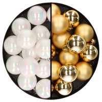32x stuks kunststof kerstballen mix van parelmoer wit en goud 4 cm   - - thumbnail