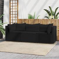 3-delige Loungeset met kussens poly rattan zwart - thumbnail